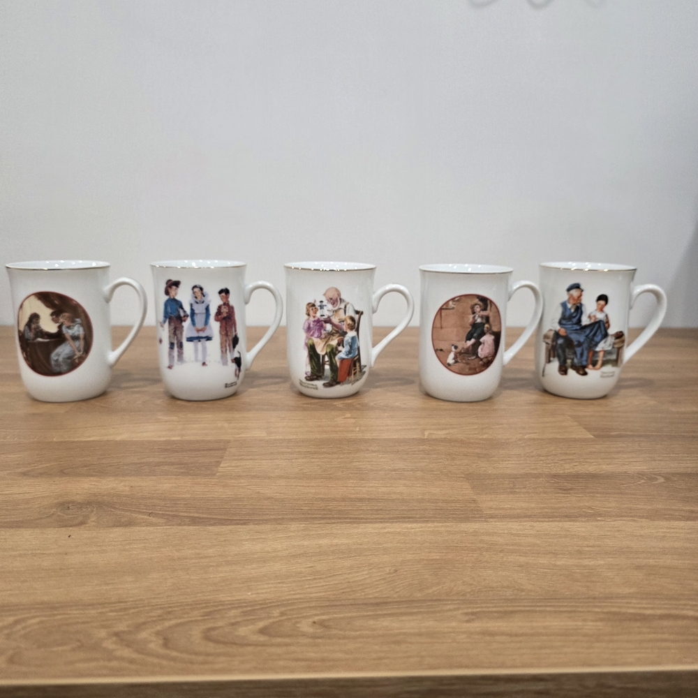 Set of 5 x Vintage Norman Rockwell Museum collection porcelain mugs.
